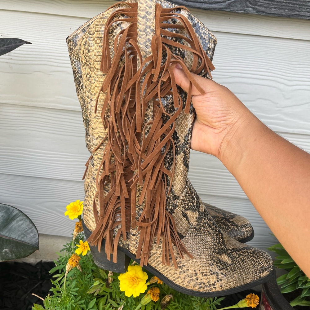 L&B Snakeskin Heeled Boots with Brown Fringe